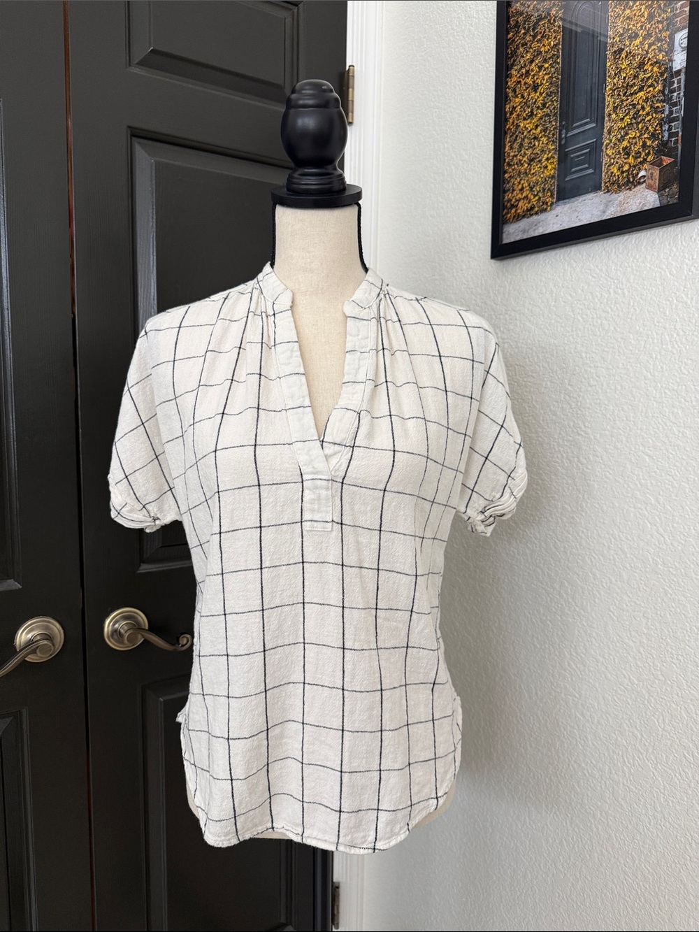 a new day Cream White Grid-Print Split V Neck Puff Sleeve Blouse